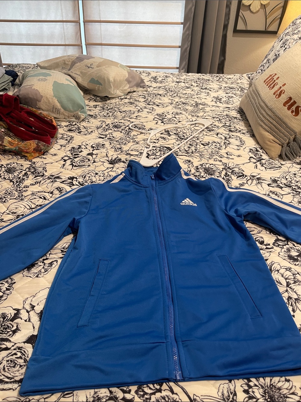 adidas Kids Blue Full-Zip Puffer Jacket with White Stripes